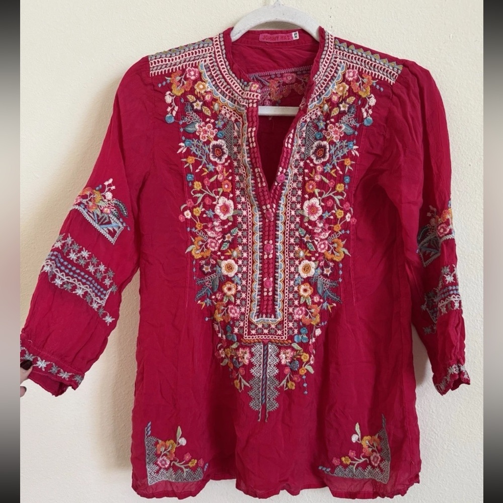 Johnny Was Hot Pink Embroidered Boho Blouse Top Size XS